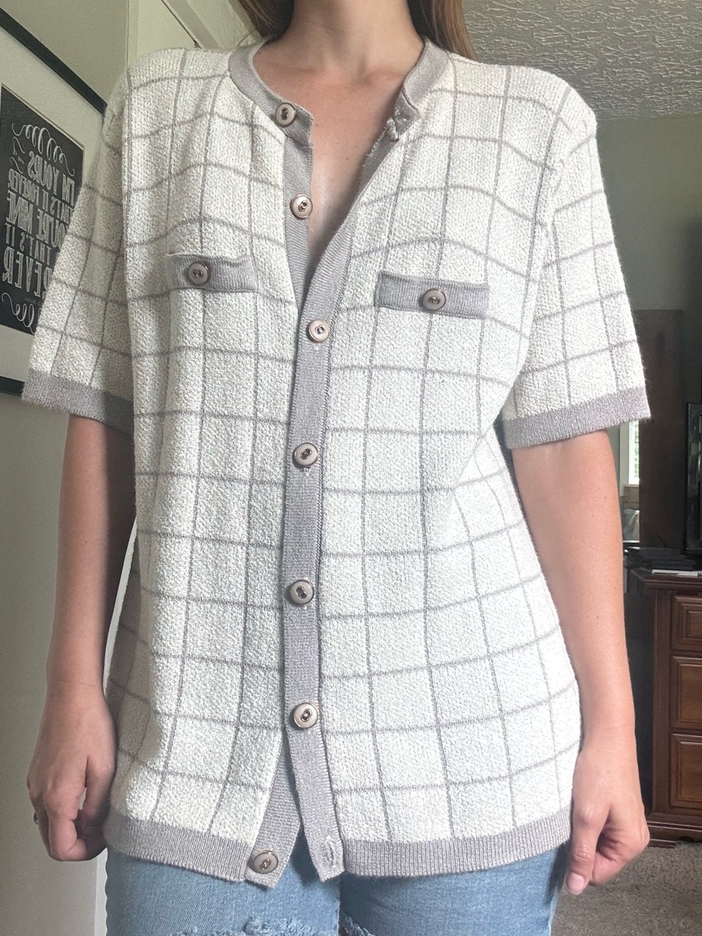 Alfred Dunner Cream and Gray Grid Short-Sleeve Button Cardigan
